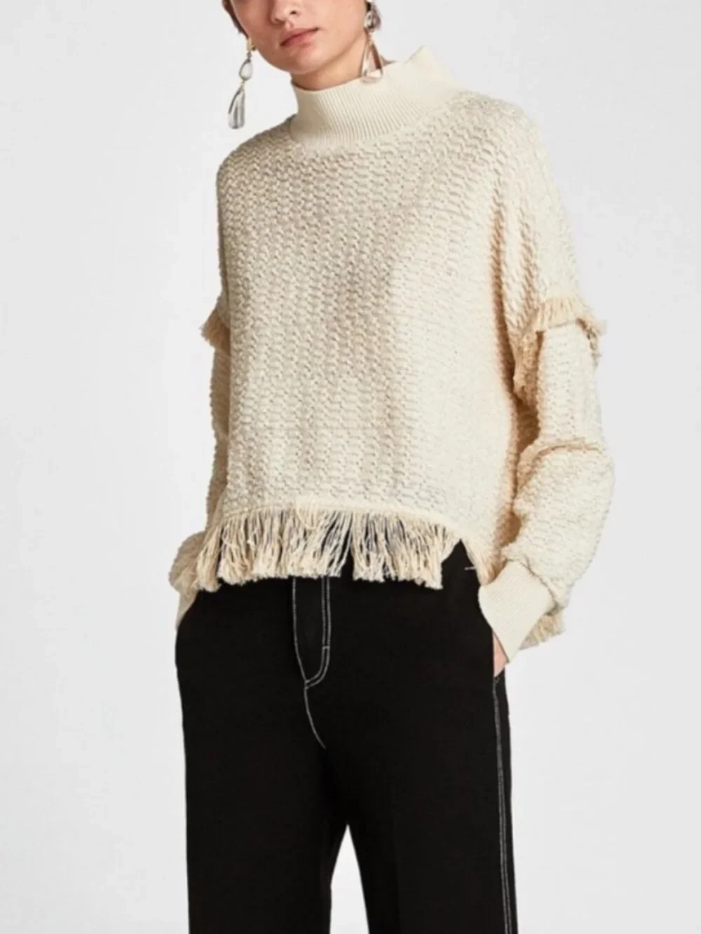 ZARA Women's Cream Fringe Turtleneck Sweater Size XS 54447